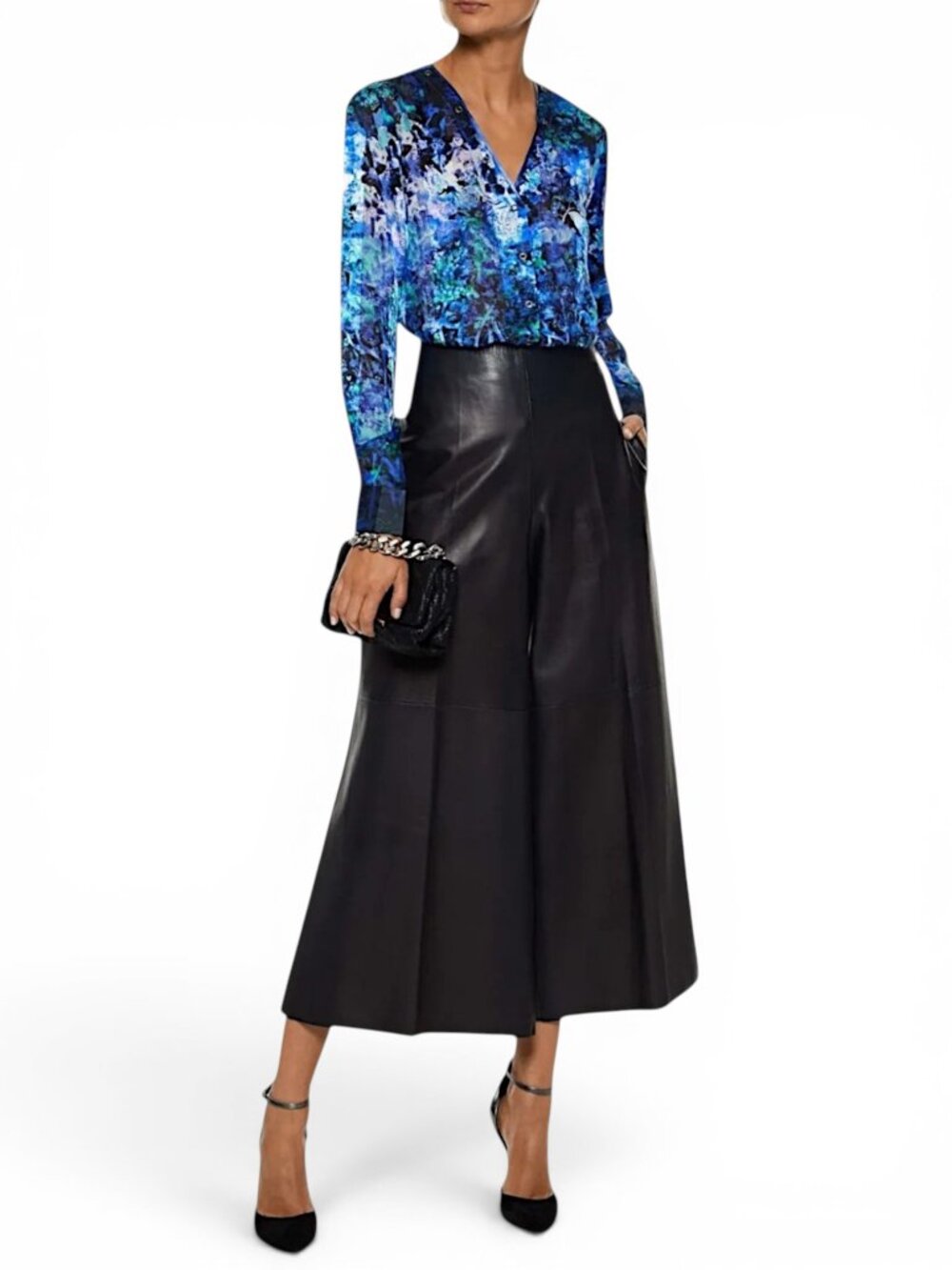 Elie Tahari Lydia Leather Trimmed Floral Snap Front Silk Blue Top Blouse XS - Picture 2 of 7